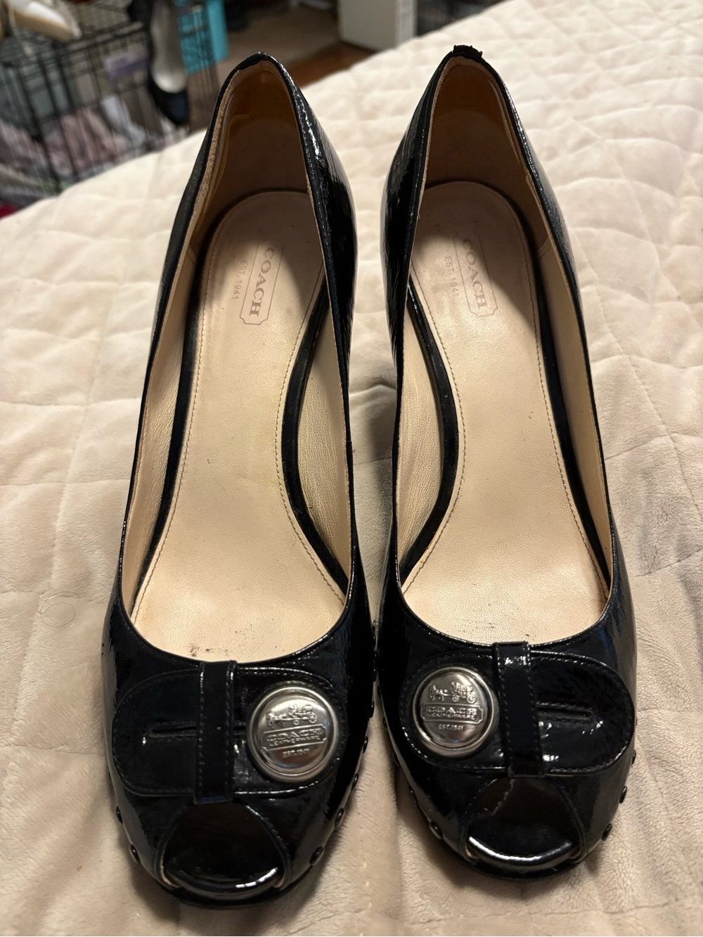 Coach Black Patent Leather Peep-Toe Heels with Logo Medallion